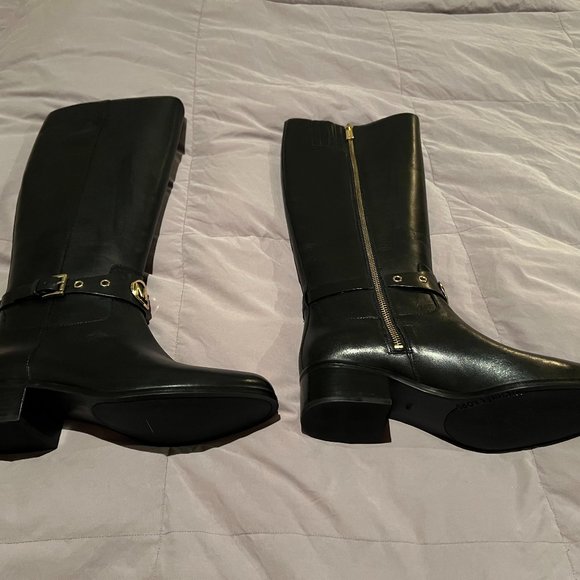 Michael Kors Black Leather Riding Boots w/ Gold Accessories:  Size 7.5M - Picture 1 of 5